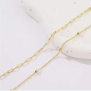 GOLD 14k Gold Plated 2pc PaperClip Beaded Bracelet Set